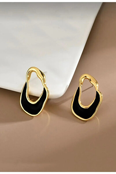 HARİNA Asymmetric Black Enameled Gold Color Earrings