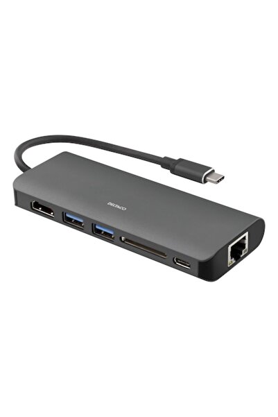 DELTACO Docking Station USB-C with HDMI, RJ45, USB-A, Card Reader, Grey