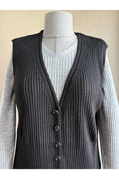 TİRİTEK Merserize Modern Saç Örgü TEK TRİKO Uzun Anne Yeleği / SİYAH