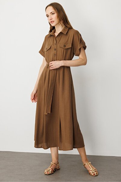 accort Kuşak Detaylı Keten Görünüm Elbise-KAHVE