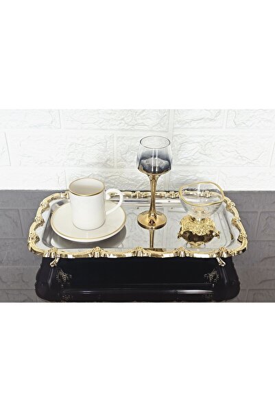 atabey home Single-Leg Presentation Tray & Baton Cake Serving Steel Tray Cast Gold Frame 32 cm