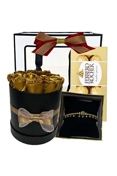 velve Pachet goldishold pentru femei, aranjament floral, bratara si 8 praline...