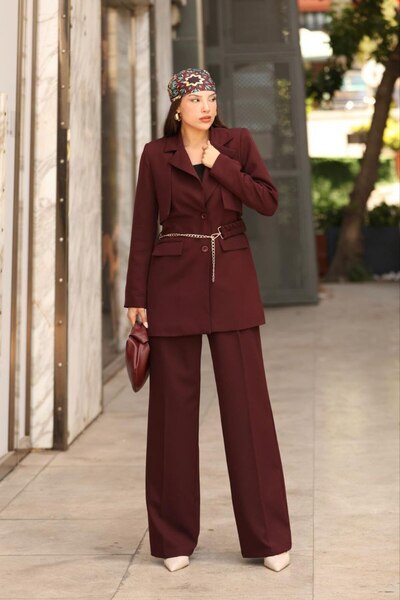Stil Sepeti Women's Burgundy Premium Chain Belt Detailed Blazer Jacket Palazzo Pants Set Drl-10001127