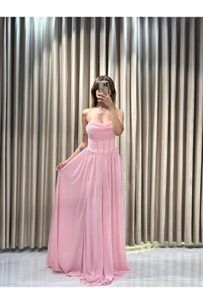 Kaleiçi Yıldızlar Pudra Yeni Sezon Şifon Abiye 5621