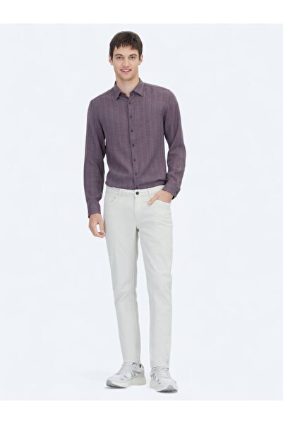 Kip Ecru Plain Woven Slim Fit Casual βαμβακερό παντελόνι