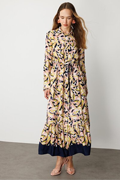 accort Keten Görünümlü Desenli Uzun Elbise-LACI