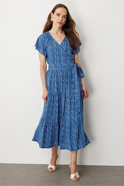 accort Çiçek Desenli Kruvaze Yaka Uzun Elbise-MAVİ