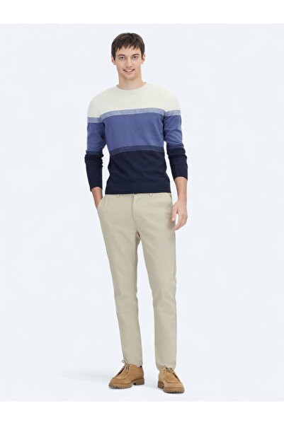 Kip Navy Blue Crew Neck Jacquard Cotton Blend Knit Sweater