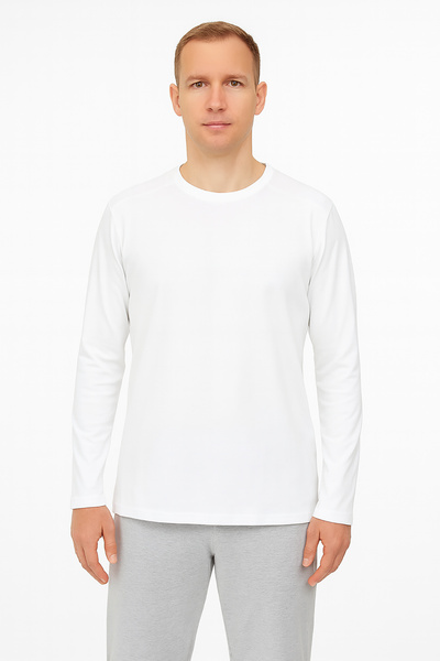 Cottonland Men's Colbert Long Sleeve O-Neck Unprinted Flowy Combed Cotton T-Shirt White