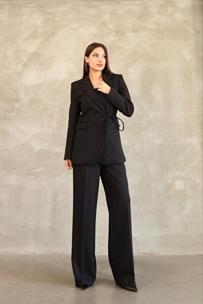 Stil Sepeti Women's Black Premium Side Tie Blazer Jacket Palazzo Pants Set Drl-10001161