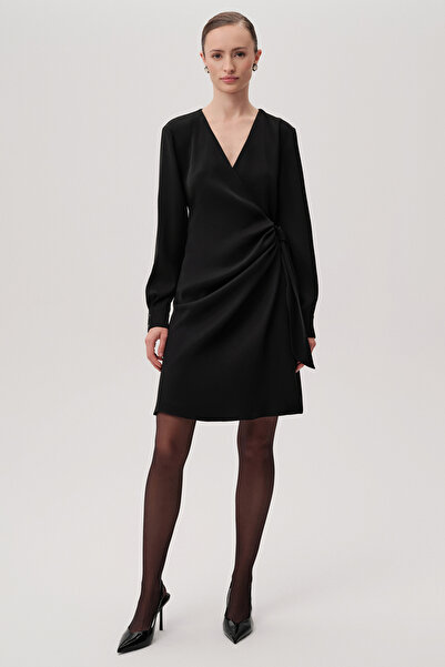 Exquise Double Breasted Collar Waist Tied Long Sleeve Regular Mini Black Dress