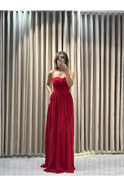 Kaleiçi Yıldızlar Kırmızı Yeni Sezon Şifon Abiye 5621