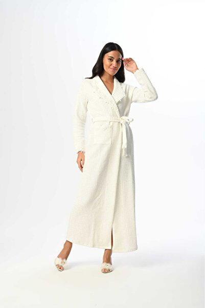 Lohussa Women's Ecru Jacquard Quilted Shawl Collar Lace Winter Special Design Full Length Dressing Gown