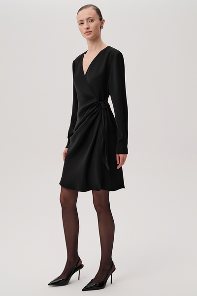 Exquise Double Breasted Collar Waist Tied Long Sleeve Regular Mini Black Dress