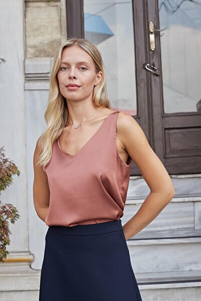 Jument Satin Fabric Front Back V-Neck Sleeveless Stylish Blouse under the Jacket - Milk Coffee