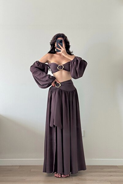 Eka Γυναικείο Καφέ Σετ Φούστας Crop 1041-3234