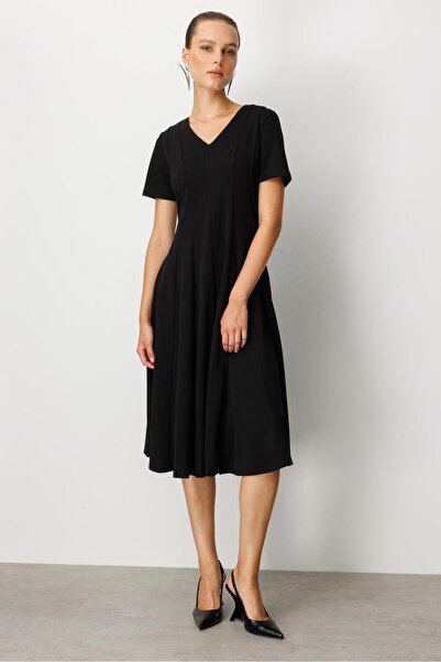 accort V Yaka Midi Elbise-SİYAH