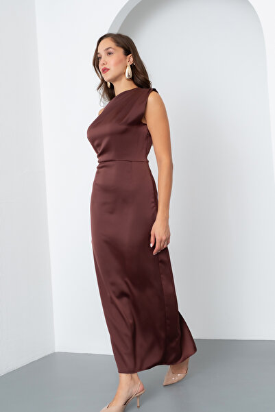 Lafaba Women's Brown Degaje Collar Slit Satin Midi Dress