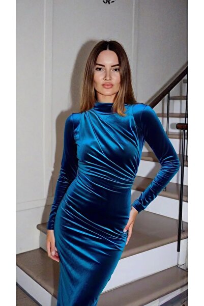 MOCCHI drapeli kadife şık gece elbise