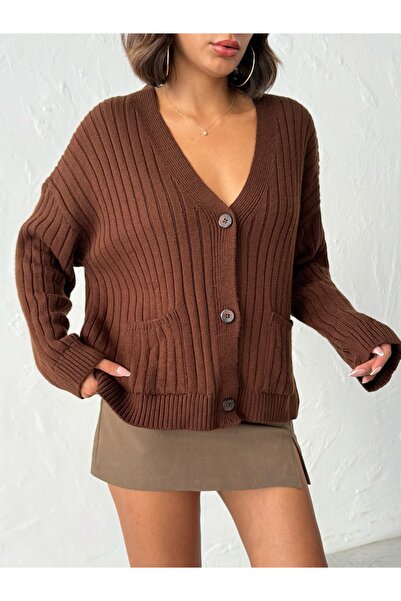 BEJNA Γυναικεία Καφέ Ζακέτα με λαιμόκοψη σε σχήμα V με κουμπιά και τσέπες