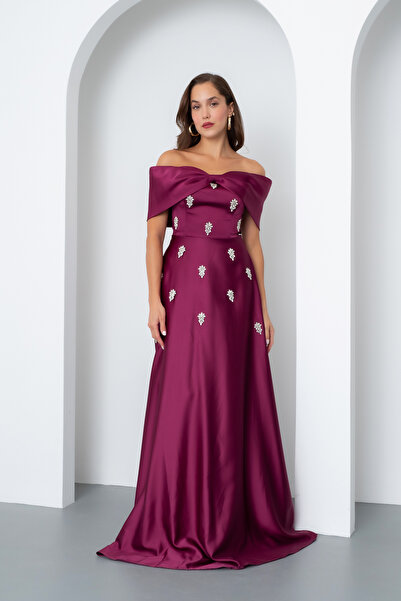 Lafaba Women's Plum Strapless Rhinestone Long Satin Evening Dress