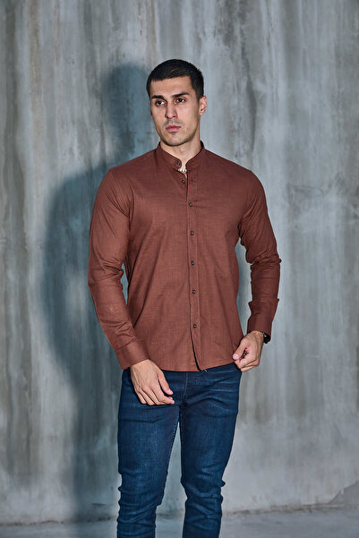 jack carisma Brown Judge Collar Lycra Linen Cotton Slim Fit Shirt
