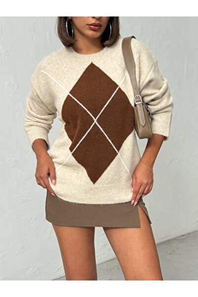 BEJNA Women's Beige Diamond Patterned Comfortable Fit Knit Sweater