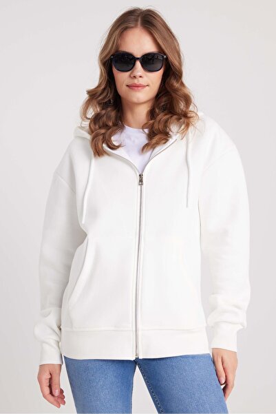 Tudors Γυναικείο φούτερ με κουκούλα με φερμουάρ, λευκό, με διπλή τσέπη, από βαμβακερό φλις εσωτερικά, άνετο και χαλαρό