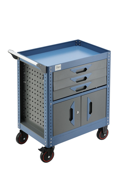 Lawazim عربة أدوات Pro7 بثلاثة أدراج وبابين - صندوق دوار أزرق رمادي مع قفل وعجلات