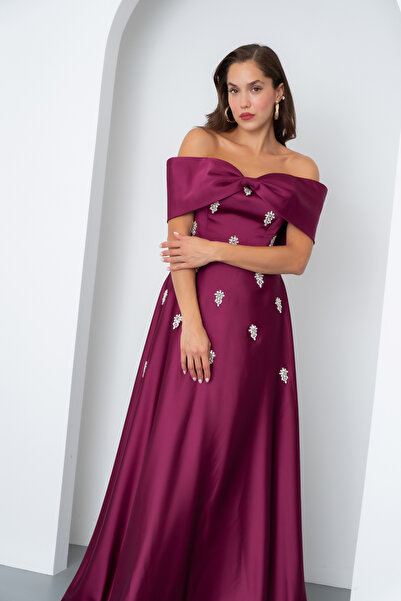 Lafaba Women's Plum Strapless Rhinestone Long Satin Evening Dress