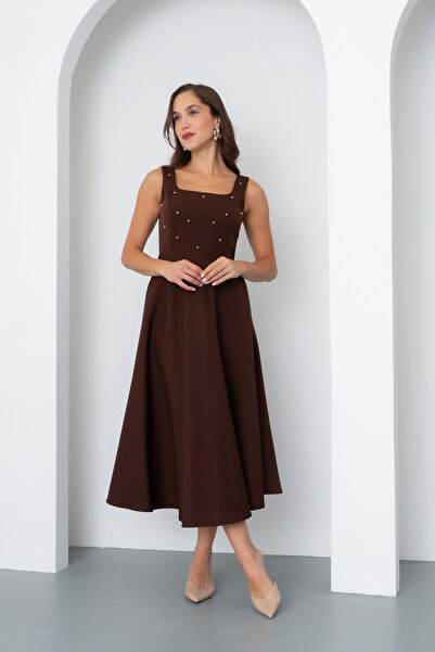 Lafaba Дамска кафява рокля с квадратна яка и перли