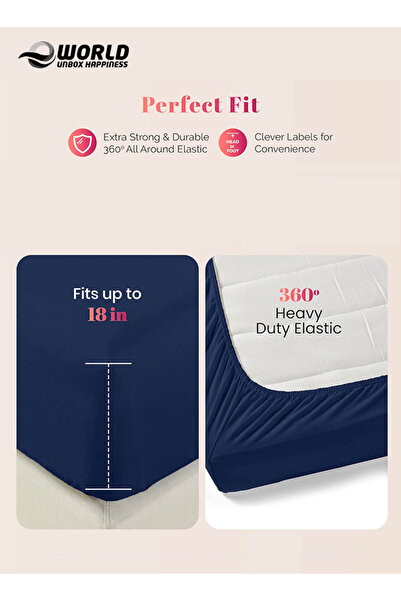 Eworld 3-Piece Blue Cotton Fitted Bedsheet Set with Deep Pocket & 2 Pillow Covers, Single Size
