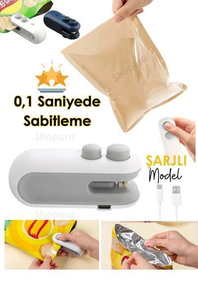 Shopura Poşet Kapatıcı - Hızlı Yapıştırıcı Poşet Yapıştırıcı - Şarj Edilebili...