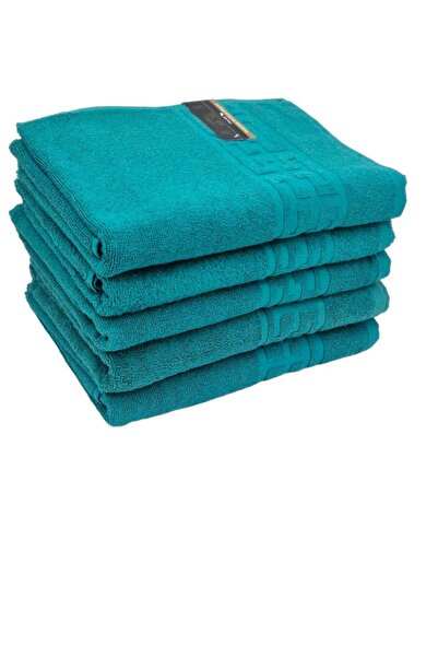 OEM Set of 4 hand towels, Cotton, Plain, Greek Border, 500g/m², 30x50cm, Turquoise