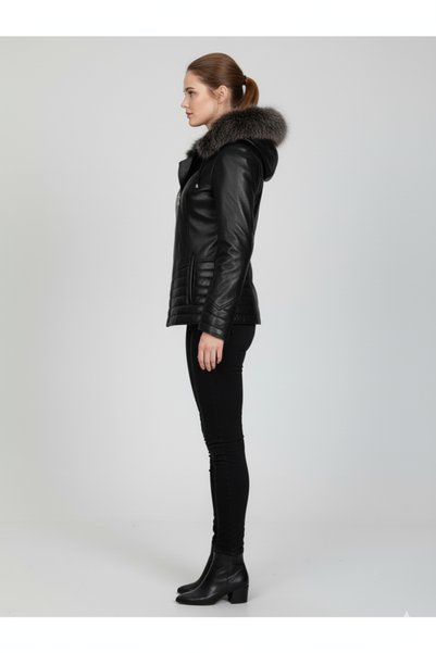 royalmoni Genuine Lambskin Zippered Women's Hooded Black Jacket