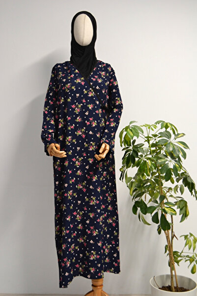 Bilenler Çiçek Desenli Kruvaze Namaz Elbisesi – %100 Viskon, Yandan Bağlamalı 36-46 Beden