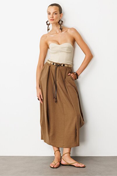 accort Kemer Detaylı Keten Görünümlü Etek-KAHVE