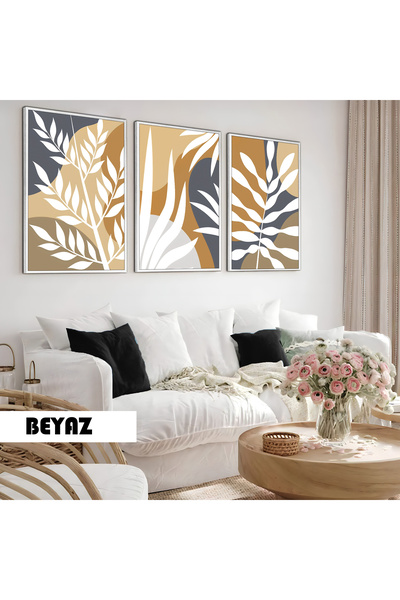 Harikabirev Children's Room Living Room-Minimalist Modern Bohemian White Leafy | Wooden Framed 3-Piece Mdf Ahmdf