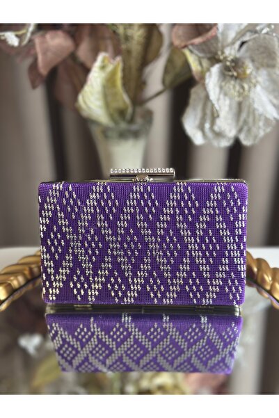 AZA Kadın Abiye Mor Tel Kırma El İşlemeli Çanta