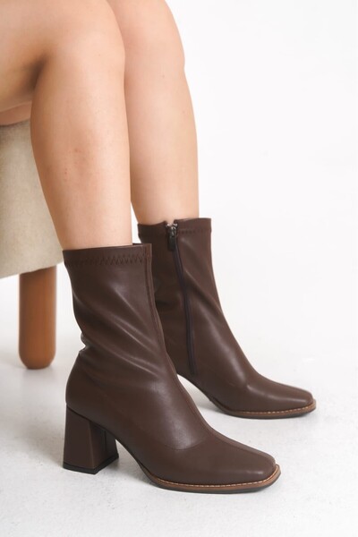 leopar by çetinay Mr901 |   Women's Bitter Brown Square Toe Heeled Premium Le...