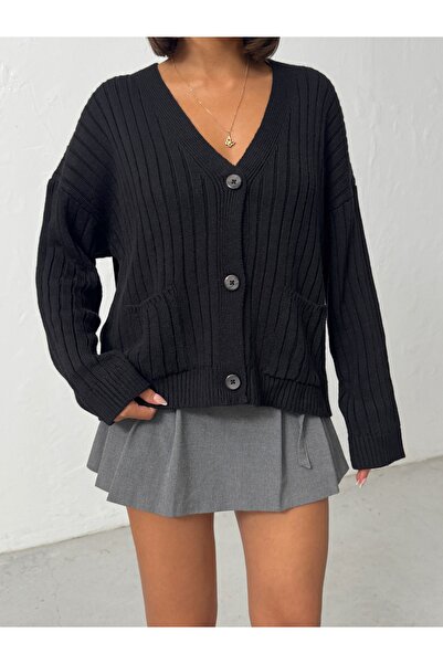 BEJNA Women's Black V-Neck Buttoned Pocketed Ribbed Knit Cardigan