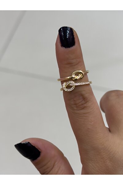 Hicrans Takı DÜĞÜM MODEL TAŞLI İKİ SIRALI AYARLANABİLİR GOLD VİP SERİ YÜZÜK