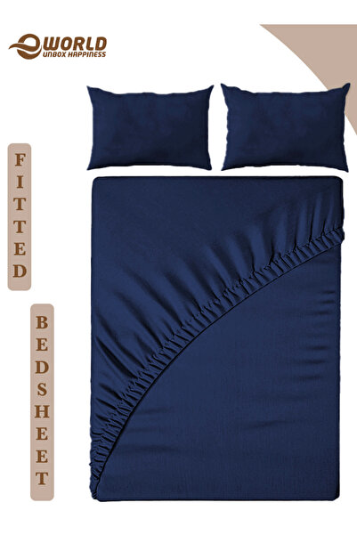 Eworld 3-Piece Blue Cotton Fitted Bedsheet Set with Deep Pocket & 2 Pillow Covers, Single Size