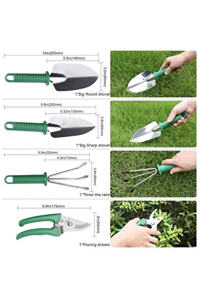 Flippy Set 10 Garden Tools, Flippy, for Planting Soil Processing and Plant Care, Green Handles, PVC and Sta