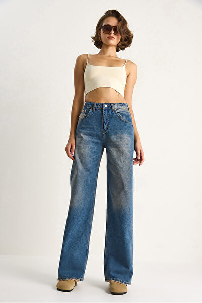 Bianco Lucci Kadın Yüksek Bel Soluk Efektli Bol Kesim Denim Pantolon 5291 60284087