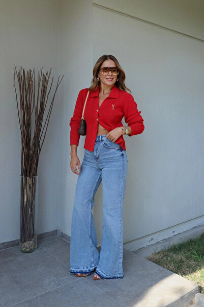 Purple by Banu MAVİ Taşlamalı Bol Paça Jean Pantolon