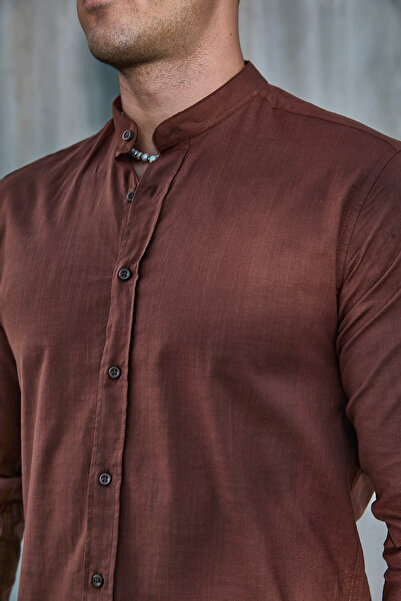 jack carisma Brown Judge Collar Lycra Linen Cotton Slim Fit Shirt