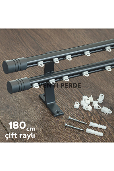 wenthi Antrasit Kornişli Metal Rustik Venti 20mm Çift Raylı Perde Askısı, Rus...