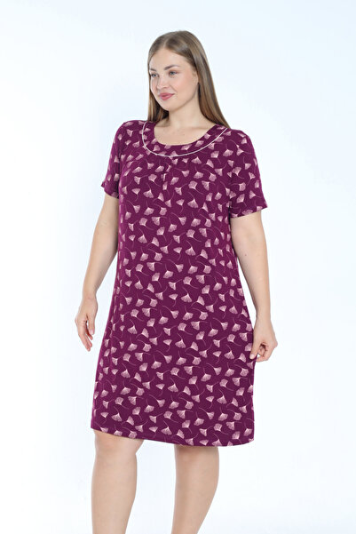 İntensive Plus Size Patterned Short Sleeve Ribbed Stretchy Viscose Nightgown