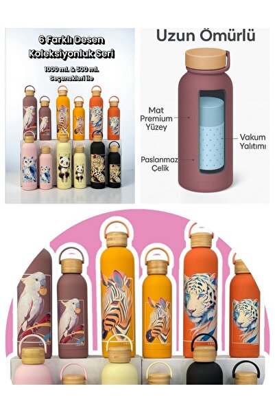 SANALTİCARETİM Bambu Kapaklı Turuncu Renk Zebra Figürlü 500 ml Paslanmaz Çelik Termos